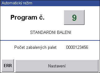 Přepínač AUTOMATICKÝ REŽIM - RUČNÍ REŽIM 7) Tlačítko + ovládání ručních funkcí stroje - jeden směr 8) Tlačítko ovládání ručních funkcí stroje - druhý směr Balicí stroj je vybaven řídícím systémem