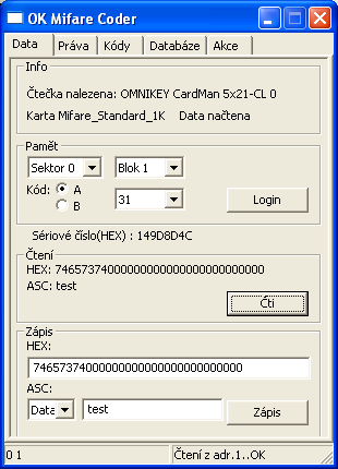 Data pro zapsání lze zadat v hexadecimálním formátu, jako ASCII, nebo jako číslo. Volba formátu mezi ASC / číslo se provádí výběrem v levém dolním comboboxu.