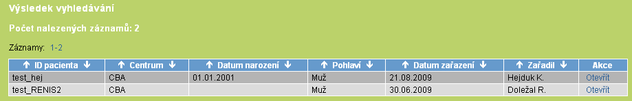 Poznámka č. 5: Řazení výsledků vyhledávání Výsledky vyhledávání pacientů (viz Obr.