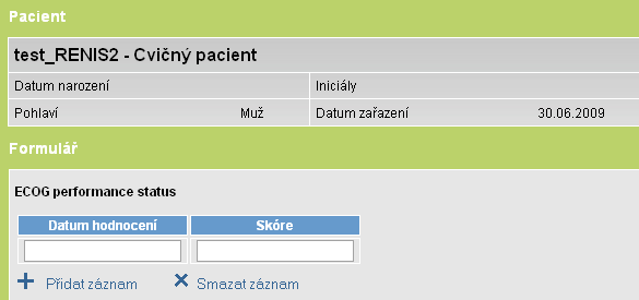 6 Založení nového formuláře Pro založení nového formuláře je zapotřebí vyhledat konkrétního pacienta (viz kapitola 4, Vyhledávání pacienta) a rozbalit příslušnou