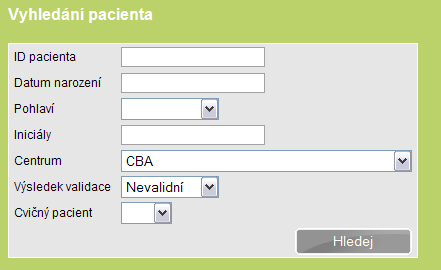 9 Validace zadaných záznamů Pro vyhledání validních/nevalidních pacientů zvolte v části Vyhledávání (viz kapitola č.