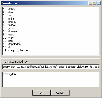 Obrázek 11 Pokud jednomu znaku odpovídá více slov, jsou za lomítkem uvedena všechna příslušná čísla, oddělená čárkou (viz např. dobrý_den je překlad slov dobrý a den, tj.