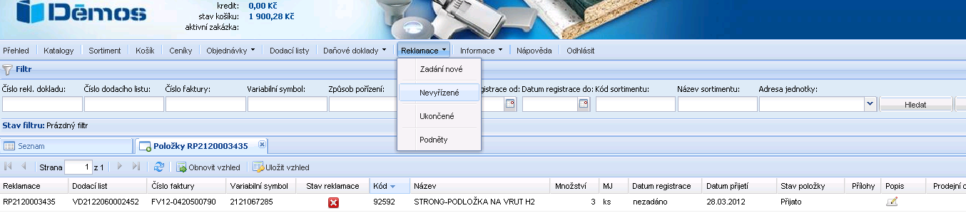 Reklamace nevybavené Číslo reklamace zákazníka Číslo reklamace Démosu Zobrazení položek