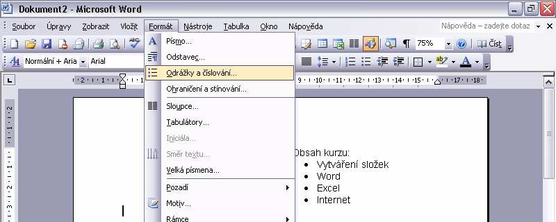 odrážky označit. Potom klikneme na FORMÁT a vybereme kartu Odrážky a číslování.