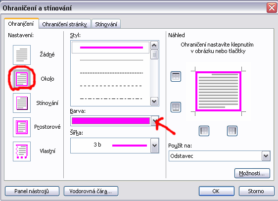 Kurz: Základy práce na PC Strana 6 Obr. 13: Karta Ohraničení a stínování 7.