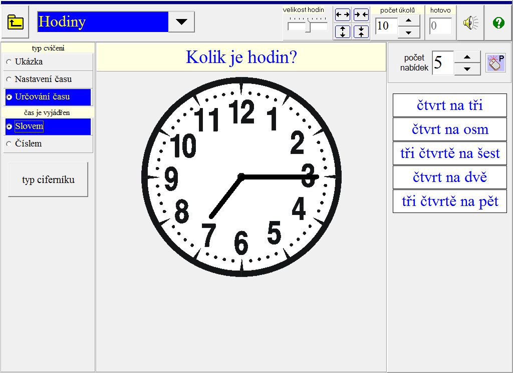 Nastavení času - Žák má dle příkazu nastavit hodiny klikáním na ikonu Hodiny + nebo - a na ikonu Minuty + nebo - na udaný čas (vyjádřený slovně nebo číselně). 6.3.