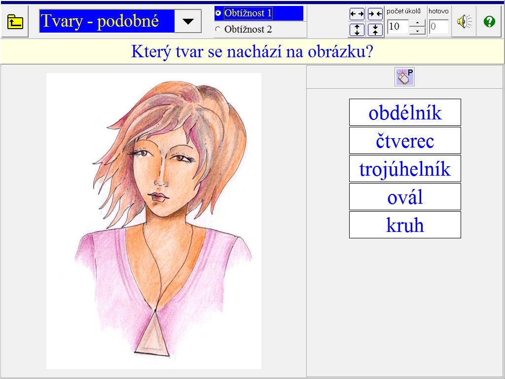 1. Tvary - stejné Žák vyhledává a klikáním na ně označuje stejné tvary jako je tvar zobrazený v pravé části obrazovky. 1.2.