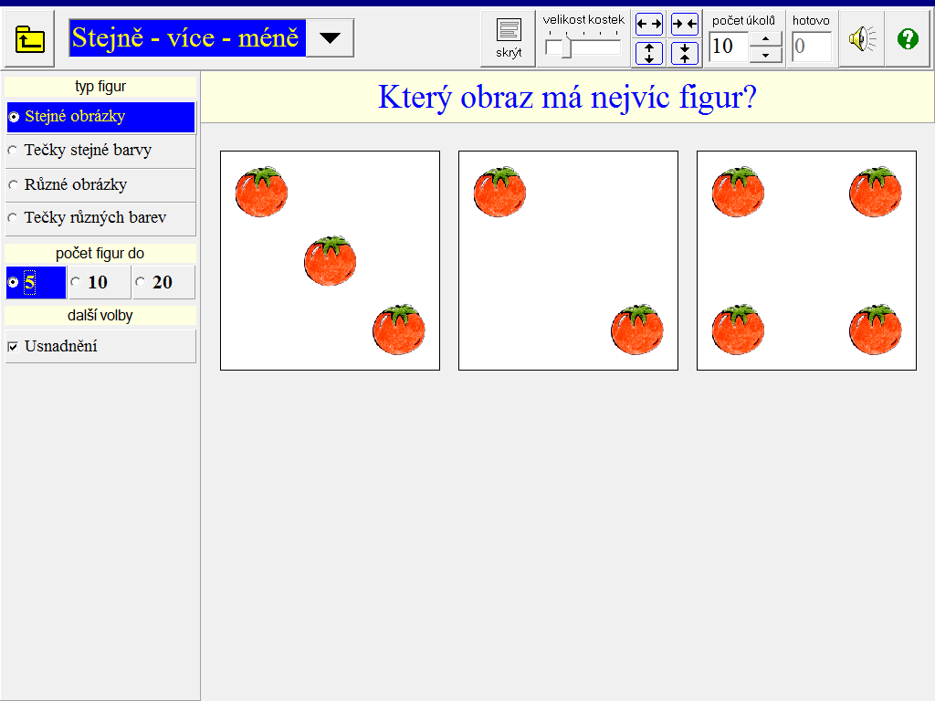 2.5. Stejně - více - méně V těchto cvičeních má žák za úkol označit, který ze 3 zobrazených obrazů má nejvíc (nejméně) figur nebo které dva obrazy mají stejný počet figur.