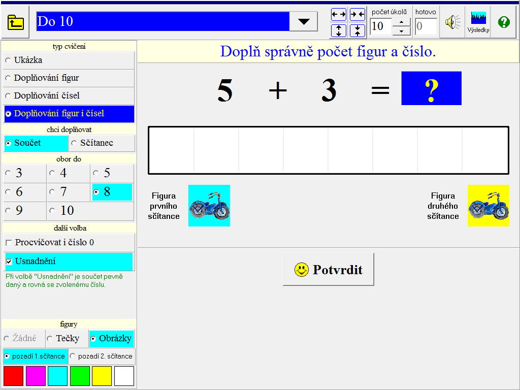 1.2. Sčítání do 10 Ukázka - Žák vidí na obrazovce ukázky sčítání ze zvoleného oboru do 3, 4, 5, 6, 7, 8, 9 nebo 10 s možností procvičovat i číslo 0. Figurami mohou být tečky nebo obrázky.