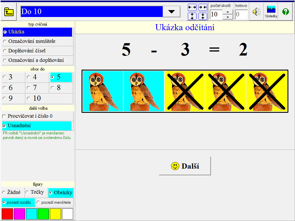 2.1. Odčítání do 10 Ukázka - Žák vidí na obrazovce ukázky odčítání ze zvoleného oboru do 3, 4, 5, 6, 7, 8, 9 nebo 10 s možností procvičovat i číslo 0. Figurami mohou být tečky nebo obrázky.
