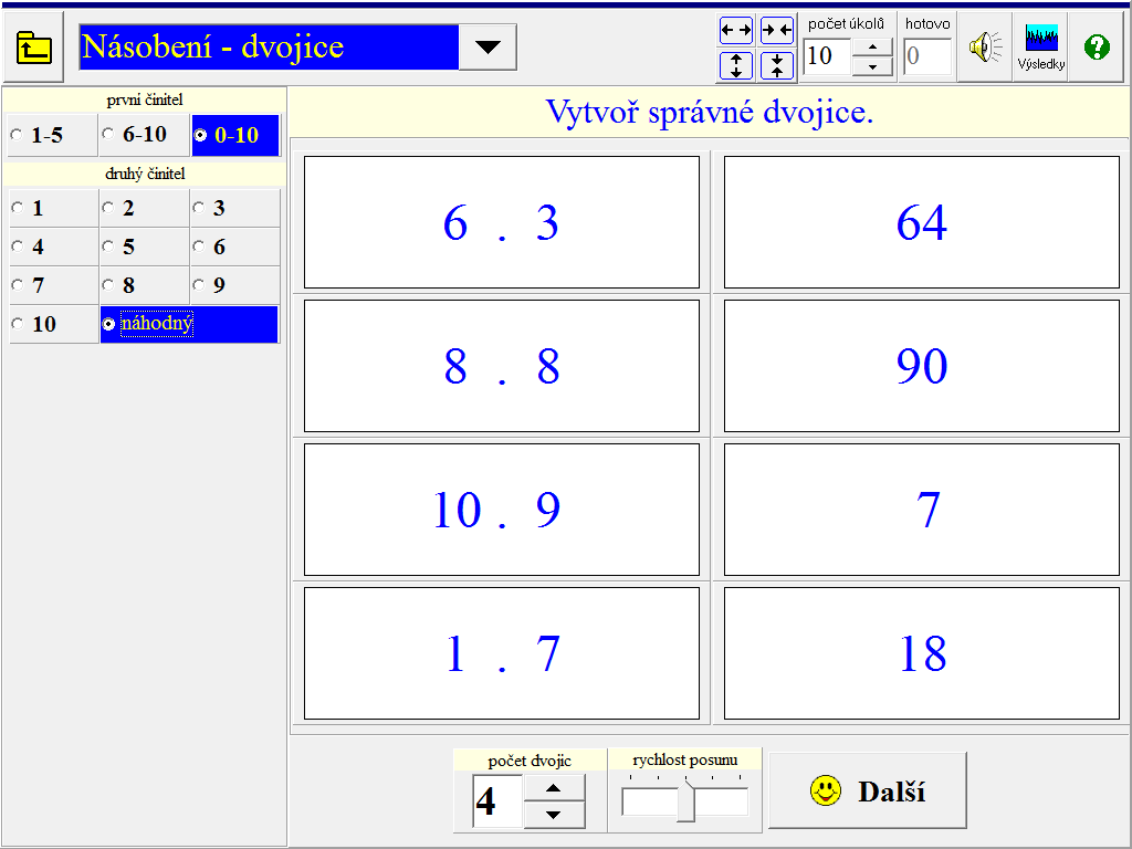 3.4. Násobení - dvojice Žák má k příkladům v levé části obrazovky hledat správné výsledky v pravé části obrazovky a vytvářet tak dvojice. Kliknutím označí příklad a k němu patřící výsledek.
