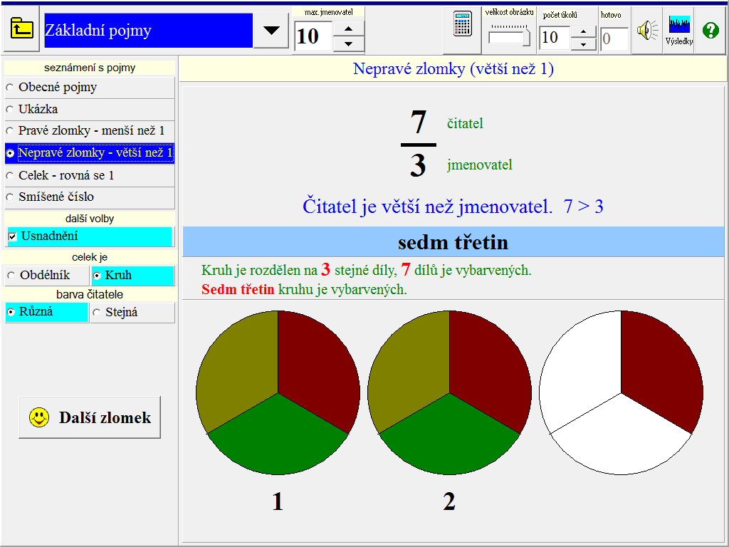 Ukázka - Klikáním na šipky může žák měnit hodnoty čitatele nebo jmenovatele (jejich maximální hodnotu je možné nastavit v horní části obrazovky) a vidět, jak vypadá grafické znázornění nastaveného