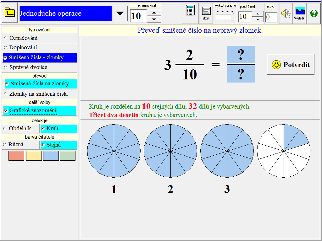 šipky v horní části obrazovky nastavíme maximální hodnotu jmenovatele znázorněných zlomků (od 3 do 100). U zlomků pravých můžeme zvolit, zda Čitatel může být 0.