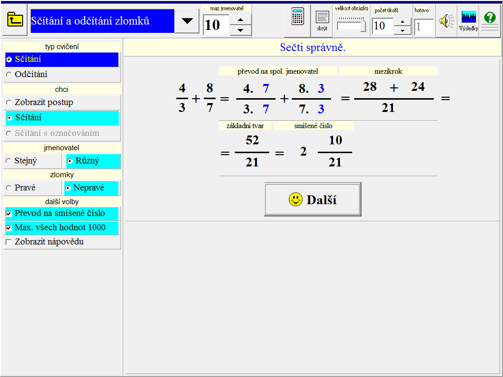 než 1, rovný 1 nebo větší než 1. Když je součet zlomků větší než 1, je možné ještě volit Převod na smíšené číslo, kdy žák musí zlomek v základním tvaru převést na smíšené číslo a doplnit ho.