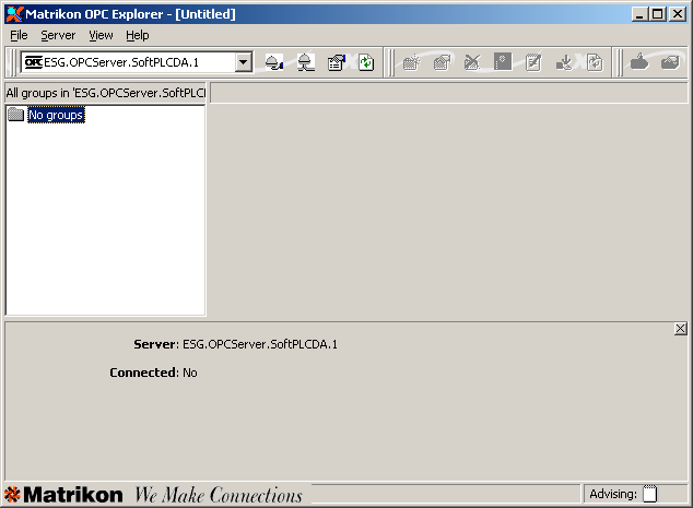 Matrikon OPC Explorer základní okno programu Po spuštění se v levém horním rohu ukáže seznam registrovaných OPC serverů v systému. OPC server pro SoftPLC má název ESG.OPCServer.SoftPLCDA.