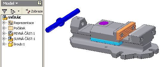 Další díly budeme vkládat přímo do hlavní sestavy. Příkazem Umístit komponentu vložíme do sestavy díl šroub.