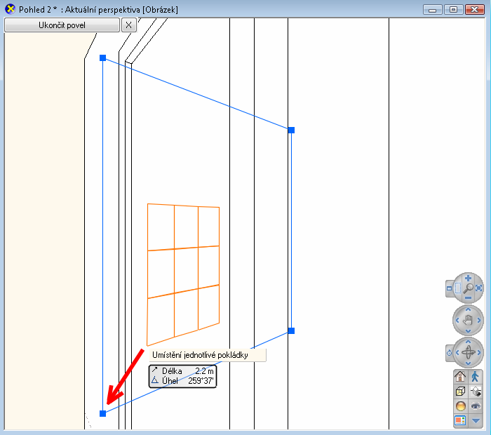 Novinky 107 Umístěte referenční bod kurzoru na referenční bod pokládky na zvolené ploše.