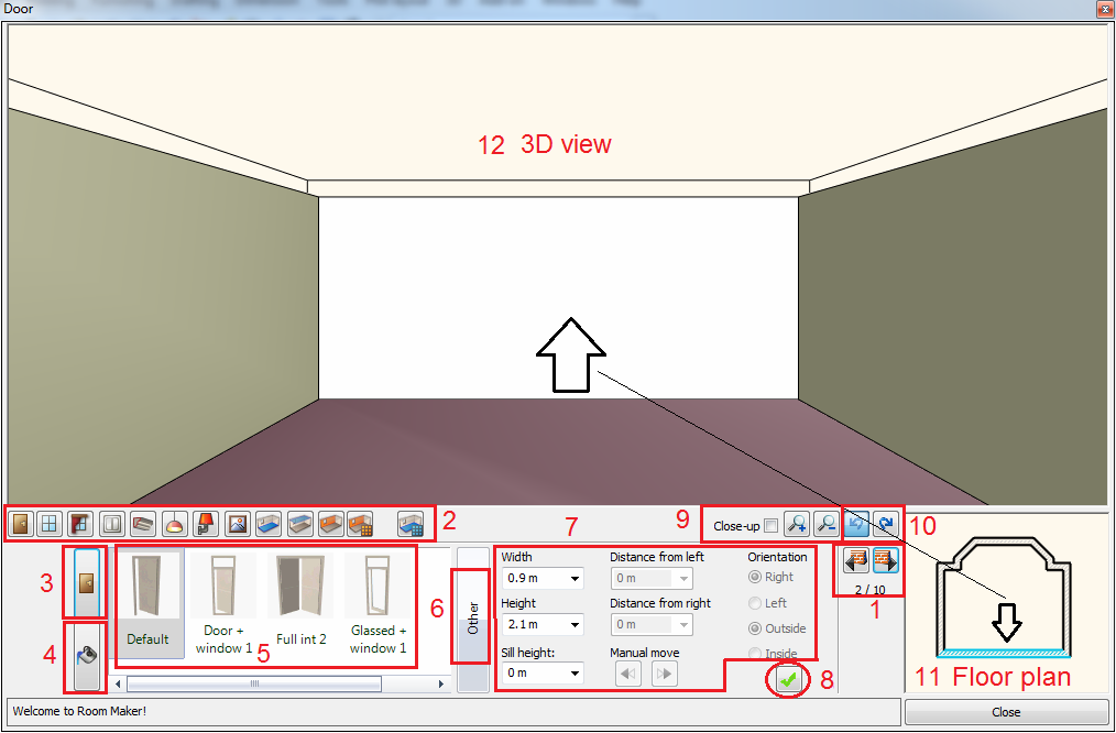 20 Novinky 2.2.2. Rozhraní Modeláře místností Rozhraní Modeláře místností ARCHline.XP je sestaveno z následujících hlavních částí a ovládacích prvků. Hlavní ovládací prvky 1.