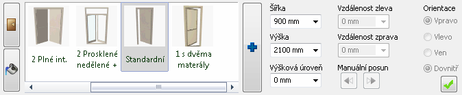24 Novinky 2.2.3. Panel Dveře Panel Dveře vám umožní umístit nebo modifikovat dveře v místnosti. Klikněte na tlačítko Dveře v panelu nástrojů pro zobrazení atributů.