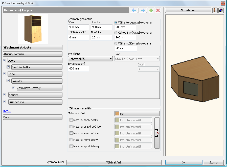 Novinky 57 6.1.3. Rohové skříně Pomocí Průvodce tvorby skříně můžete vytvářet rohové skříně.