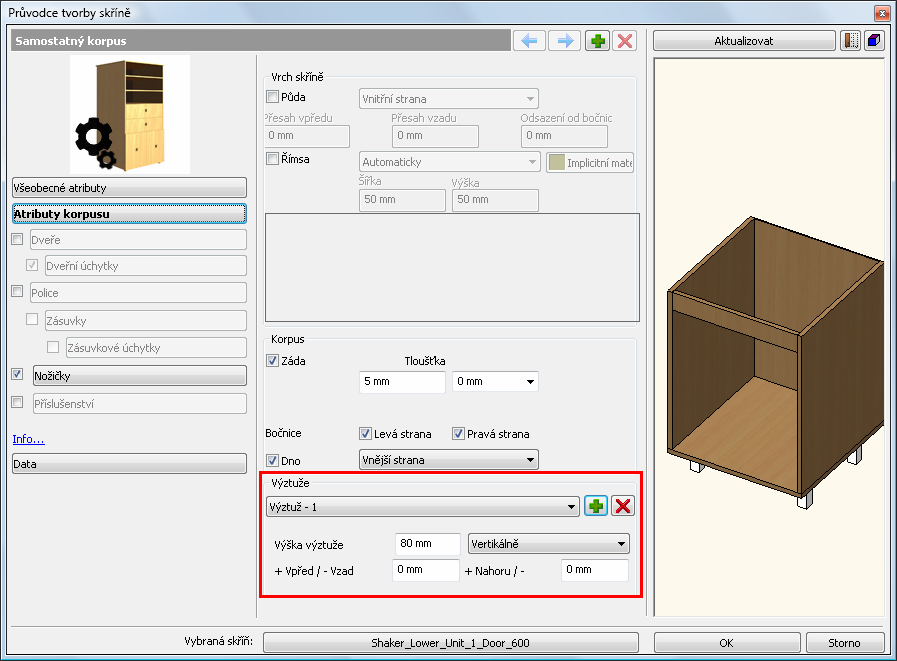 58 Novinky 6.1.4. Výztuž V dialogovém okně Průvodce tvorby skříně na stránce Atributy korpusu můžete skříni přidat výztuže.