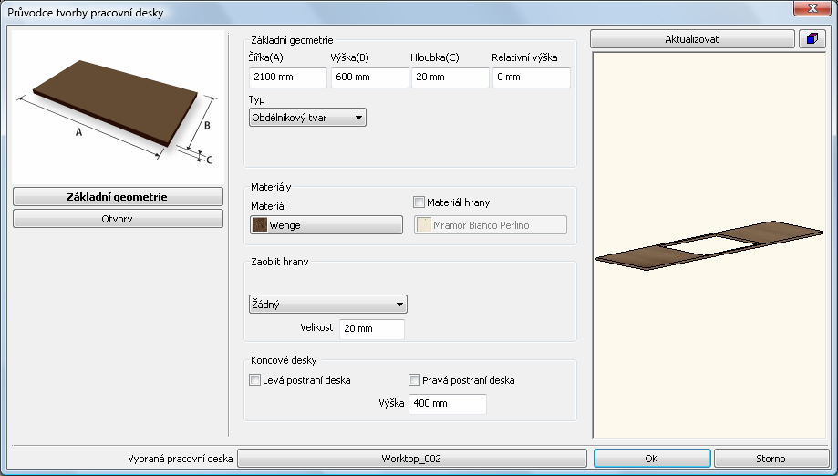 Novinky 61 6.2. Pracovní deska Pomocí nástroje Pracovní deska můžete rychle navrhnout jednotlivé pracovní desky na jedné nebo na několika skřínkách.