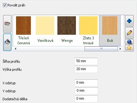 Novinky 87 Stisknutím tlačítek nebo se můžete přepnout mezi seznamem profilů a seznamem materiálů. 9.3.5. Práh Na této stránce můžete pro práh určit profil a materiál.