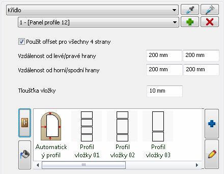 94 Novinky Použít offset pro všechny 4 strany Pokud je povoleno, můžete definovat pozici a stranu vybraného profilu vložky nastavením vzdálenosti mezi panelem a vložkou, jinak je nutné definovat