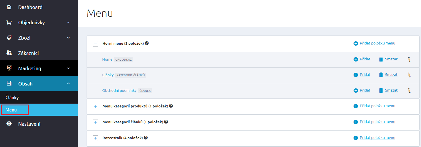 Zobrazení na e-shopu Menu V administraci e-shopu si můžete vytvářet různá menu, kterým následně rozvrhnete umístění na stránce vašeho e-shopu. Mezi výchozí menu patří např.