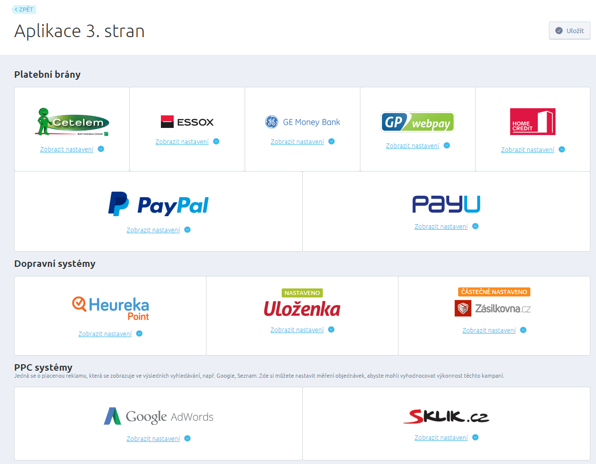 Aplikace 3. Stran V Aplikacích 3. stran naleznete nastavení k platebním branám, dopravním systémům, PPC systémům (Google AdWords, Sklik), Srovnávačům cen (Zboží.cz, Heureka, Nákupy Google, HledejCeny.