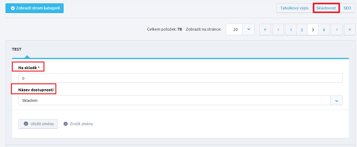 Přímo ve výpisu produktů máte možnost editovat SEO či Skladovost bez nutnosti přejít na detail produktu.