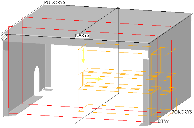 101. Vytvořte pomocnou rovinu DTM1 ve vzdálenosti 45mm od roviny BOKORYS dle obrázku. 102. Spusťte příkaz Extrude. 103.