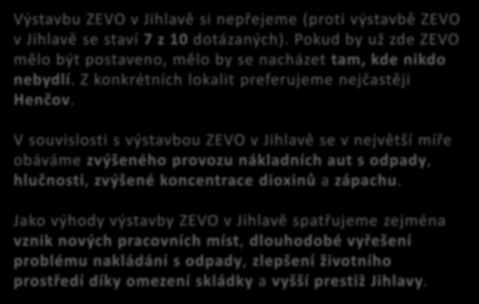 Výstavbu ZEVO v Jihlavě si nepřejeme (proti výstavbě ZEVO v Jihlavě se staví 7 z 10 dotázaných). Pokud by už zde ZEVO mělo být postaveno, mělo by se nacházet tam, kde nikdo nebydlí.