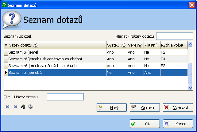 Pro snazší použití jsou vždy definovány již vytvořené dotazy s definovanou množinou parametrů, do kterých stačí pouze doplnit požadované hodnoty.