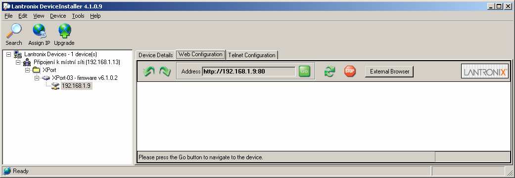 modul pomocí webového rozhraní přímo v okně Device Installer kliknutím na nabídku: Go!