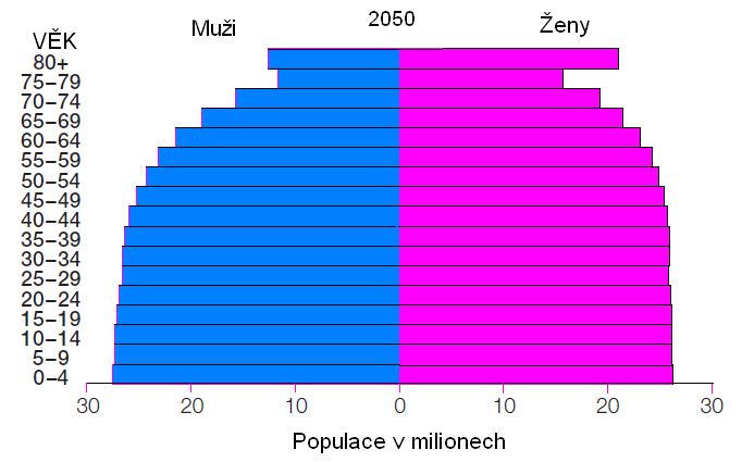 Obr. 4: Prognóza struktury populace Latinské Ameriky podle věku a pohlaví v r. 2050 Upraveno autorkou dle zdroje: Population bulletin. Brea, J. A., 2003.