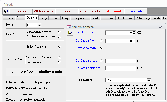 V kartě případu je vytvořena záložka Odměna, na které jsou veškeré informace o způsobu a výši odměny.