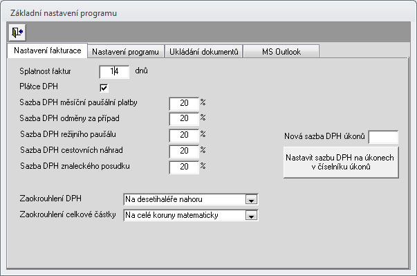 Základní nastavení programu Zde je nutné definovat základní vlastnosti chování programu. Nastavení se skládá z několika logických celků, a vlastních záložek.