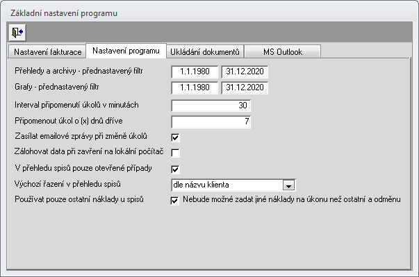 Na záložce nastavení programu je možné definovat základní vlastnosti programu. Interval připomenutí úkolů v minutách definuje, jak často se uživateli automaticky zobrazí seznam nevyřízených úkolů.