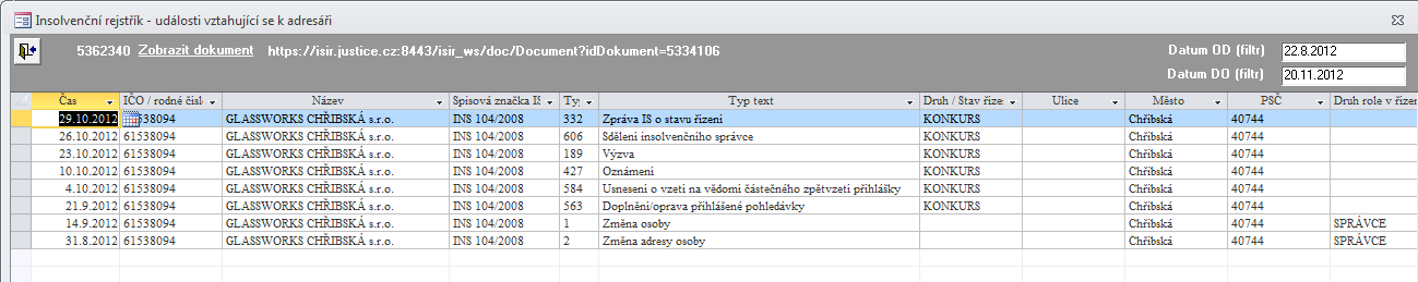Prohlížení vlastních záznamů insolvenčního rejstříku (ISIR) V hlavním menu volbou Události ISIR k adresáři zobrazíte události insolvenčního rejstříku, které se vztahují k Vašim firmám v adresáři.