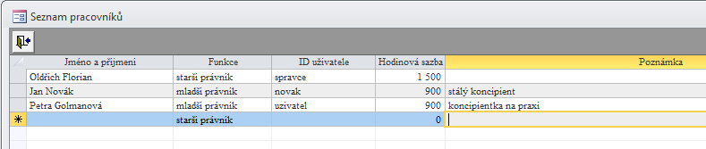 Nastavení pracovníků advokátní kanceláře Pro správnou funkci výpočtu smluvní hodinové odměny je nutné nastavit pracovníky advokátní kanceláře, vazbu na ID uživatele, a také základní hodinovou sazbu.