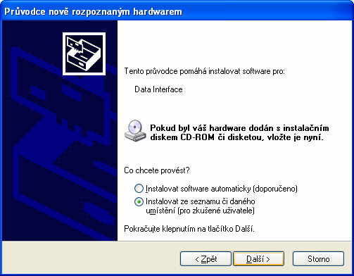 3.3.2 Instalace USB ovladače (ruční) 1. Připojte modem do USB portu počítače dodaným USB kabelem. Ruční instalace ovladače probíhá ve 2 krocích. 2. Zobrazí se instalační okno AnyDATA USB Modem Driver.