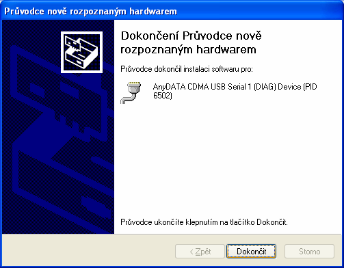 16. Zobrazí se okno pro vyhledávání AnyDATA CDMA USB Serial Device. 17.