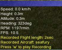 Když chcete nahrávání ukončit, klikněte na Stop record/playback nebo opět zmáčkněte klávesu R a v okně Flight Info se zobrazí žlutým písmem doba nahraného letu a jméno nahraného modelu.