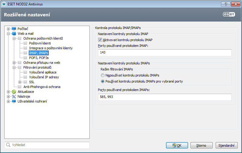 4.2.1.2 Kontrola protokolu IMAP, IMAPs IMAP (Internet Message Access Protocol) je další internetový protokol pro přijímání emailových zpráv.