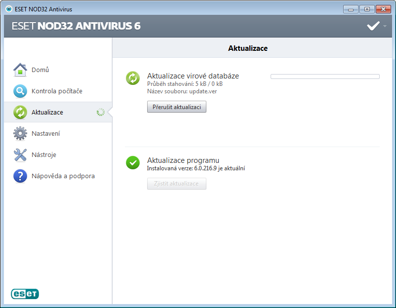 Průběh stahování Po kliknutí na tlačítko Aktualizovat virovou databázi se spustí proces stahování ve kterém se zobrazí průběh stahování souboru aktualizace a zbývající čas do konce.