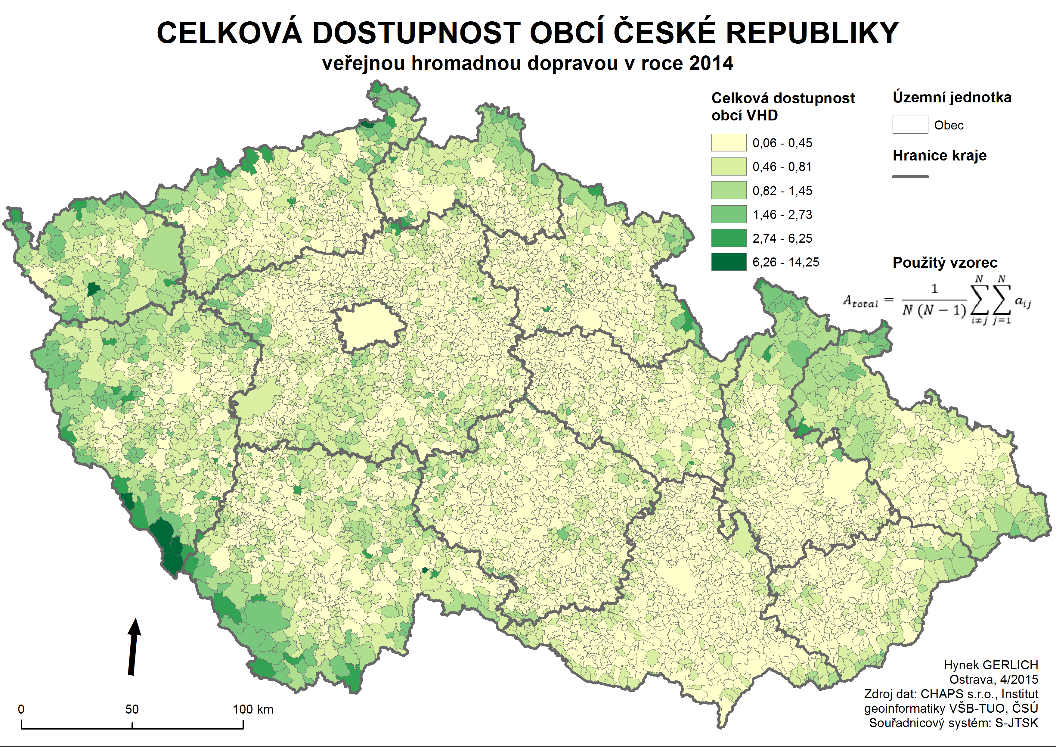 Obrázek 1: Celková dostupnost obcí ČR 5.3 Dostupnost obcí veřejnou hromadnou dopravou (vzorec A4, viz obr.