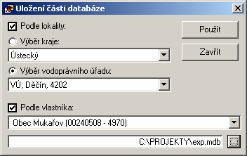 4.3.5 Uložení části databáze Tento dialog umožňuje uložit do jiné souborové databáze pouze určité záznamy dle výběru.
