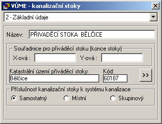 Základní údaje Určení lokalizace pro objekt typu "přiváděcí stoka" (katastrálního území) v dialogu "Základní údaje" (viz obrázek Obr. 28) je založeno na podobném principu.