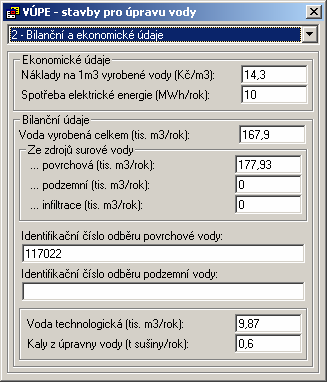 Bilanční a ekonomické údaje Údaje z posledního bloku (voda technologická a kaly z úpravny vody) se vyplňují pouze pro objekty typu